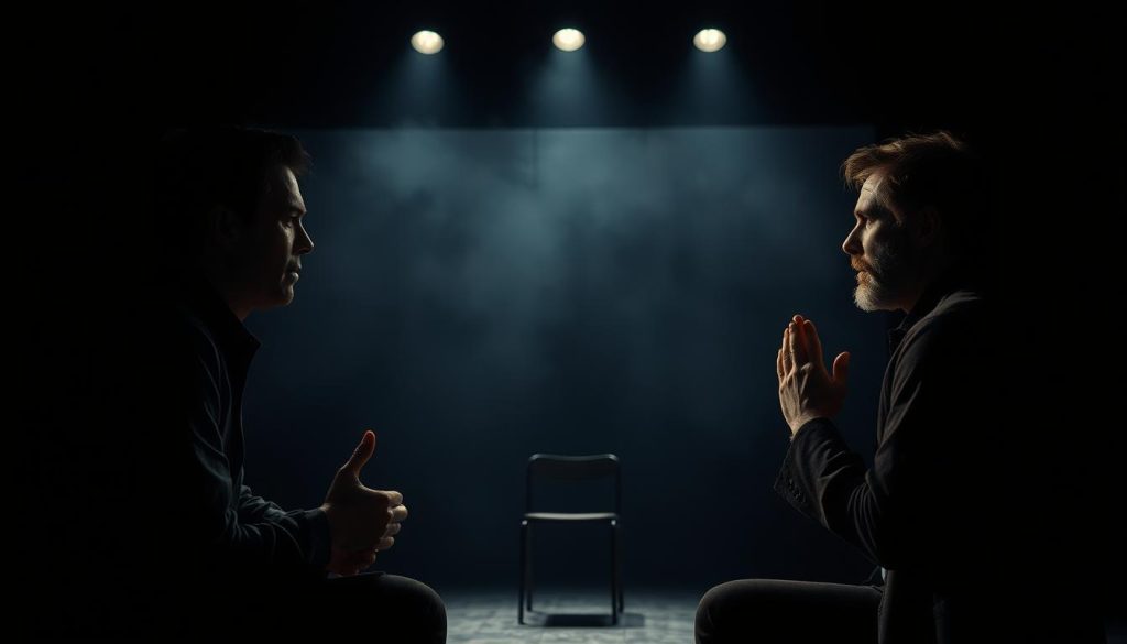 A dimly lit stage, casting dramatic shadows on the faces of two actors engaged in a philosophical dialogue. The foreground features the performers, their expressions conveying existential dread and inner turmoil. Subtle lighting highlights the tension in their gestures and the weight of their words. The middle ground is a sparse, minimalist set, with a single chair or table serving as the sole prop, emphasizing the focus on the characters' emotional journey. In the background, a hazy, enigmatic backdrop suggests the vast, mysterious void of the human condition. The overall atmosphere is one of intense contemplation, where the audience is drawn into the existential drama unfolding before them. A dimly lit stage, casting dramatic shadows on the faces of two actors engaged in a philosophical dialogue. The foreground features the performers, their expressions conveying existential dread and inner turmoil. Subtle lighting highlights the tension in their gestures and the weight of their words. The middle ground is a sparse, minimalist set, with a single chair or table serving as the sole prop, emphasizing the focus on the characters' emotional journey. In the background, a hazy, enigmatic backdrop suggests the vast, mysterious void of the human condition. The overall atmosphere is one of intense contemplation, where the audience is drawn into the existential drama unfolding before them.