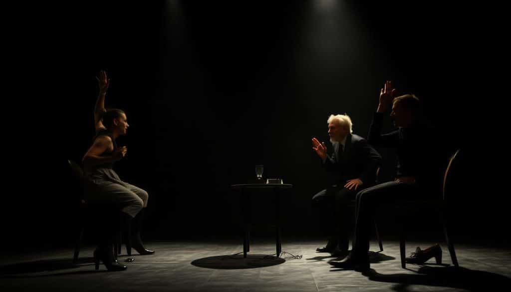 A dimly lit stage, the air thick with tension. Actors engage in a surreal, absurdist debate, their gestures and expressions exaggerated, defying logic. Shadows cast by dramatic lighting dance across the background, creating a sense of unease. The performers are clad in avant-garde, visually striking costumes that further accentuate the surreal atmosphere. The stage itself is a minimalist, abstract set, devoid of any realistic elements, forcing the viewer to focus on the unconventional, thought-provoking performance. The overall mood is one of intellectual discourse, yet tinged with an underlying sense of the absurd, reflecting the tensions and contradictions of modernist and absurdist theater.