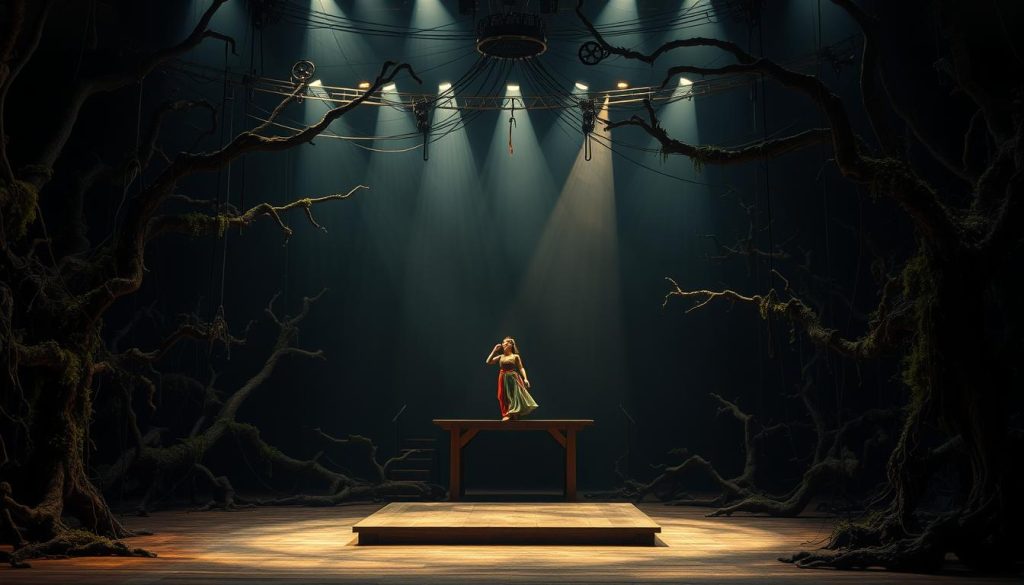 A dimly lit stage with a central wooden platform, surrounded by a sprawling tangle of vines, mosses, and gnarled tree branches. Overhead, a web of ropes and pulleys hints at a complex system of theatrical rigging. The lighting casts dramatic shadows, evoking an ancient, enchanted forest. On the platform, a lone performer in traditional folkloric garb moves gracefully, their movements guided by the rhythmic pulse of drums and ethereal, haunting melodies. The scene exudes a sense of timelessness, blending the mystical and the theatrical, inviting the audience to enter a world where the boundaries between reality and fantasy blur. A dimly lit stage with a central wooden platform, surrounded by a sprawling tangle of vines, mosses, and gnarled tree branches. Overhead, a web of ropes and pulleys hints at a complex system of theatrical rigging. The lighting casts dramatic shadows, evoking an ancient, enchanted forest. On the platform, a lone performer in traditional folkloric garb moves gracefully, their movements guided by the rhythmic pulse of drums and ethereal, haunting melodies. The scene exudes a sense of timelessness, blending the mystical and the theatrical, inviting the audience to enter a world where the boundaries between reality and fantasy blur.