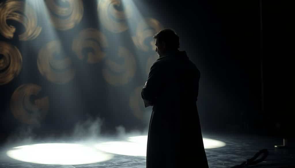 A dimly lit stage, with deep shadows and dramatic highlights. At the center, two figures locked in an intense confrontation, their faces etched with the weight of existential questions. Behind them, a backdrop of swirling abstract shapes and patterns, hinting at the complex interplay of identity, reality, and illusion. The lighting casts an ethereal, almost otherworldly glow, creating a sense of timelessness and the eternal struggle of the human condition. Angles and perspectives are carefully composed to draw the viewer's eye to the core of the dramatic narrative, inviting them to ponder the profound themes at the heart of classic theater.