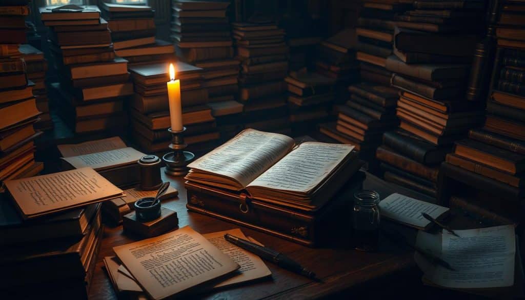 A dimly lit study, piled high with leather-bound volumes and scattered papers. In the center, a wooden desk holds an array of well-worn books, quills, and inkwells. Atop the desk, a weathered leather-bound journal lies open, its pages filled with scrawled notes and critiques. A single candle casts a warm glow, illuminating the scene and casting long shadows across the room. A sense of contemplation and scholarly pursuit permeates the space, hinting at the meticulous analysis and impassioned discourse that unfolds within these walls. The European drama critique metrics are reflected in the detailed annotations and marginalia, a testament to the intellectual rigor and artistic scrutiny that defines this world.
