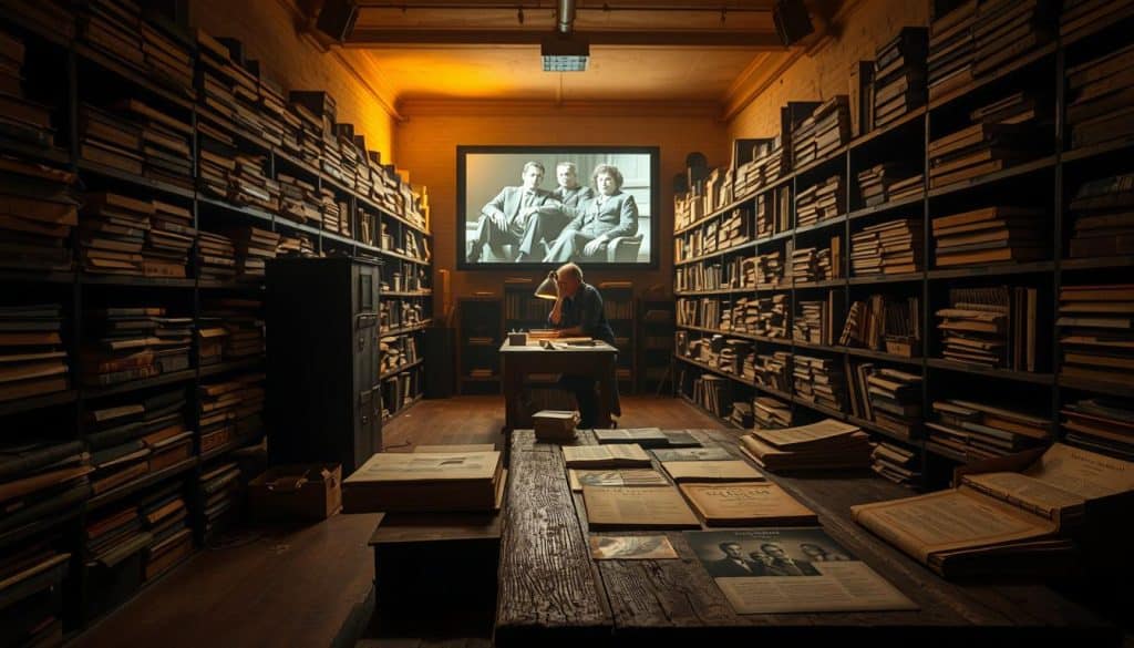 A dimly lit theater archive, illuminated by warm, vintage lighting. Rows of dusty shelves hold meticulously organized boxes and folders, each containing priceless remnants of past performances. In the foreground, a weathered wooden table showcases carefully preserved photographs, playbills, and scripts, hinting at the rich history hidden within. The mid-ground reveals a curator, lost in contemplation, surrounded by the artifacts of a bygone era. In the background, a large screen displays archival footage, casting a soft, flickering glow across the room, as if the past is coming to life once more. The scene conveys a sense of reverence, preservation, and the power of storytelling through the lens of theater's most cherished memories.