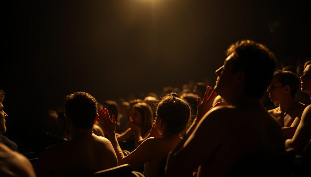 A dimly lit theater, the audience's rapt attention fixated on the stage. Faces etched with exhaustion and awe, captivated by the endurance performance unfolding before them. Shadows cast across the seats, highlighting the tension and emotional intensity palpable in the air. Backlighting from the stage casts a warm, golden glow, illuminating the edge of raised hands and leaning bodies, their reactions mirroring the physical and mental exertion of the performers. The camera angle is low, capturing the audience's perspective, their expressions and body language conveying the profound impact of the endurance-based artwork. The atmosphere is one of collective catharsis, a shared experience of pushing the boundaries of human endurance. A dimly lit theater, the audience's rapt attention fixated on the stage. Faces etched with exhaustion and awe, captivated by the endurance performance unfolding before them. Shadows cast across the seats, highlighting the tension and emotional intensity palpable in the air. Backlighting from the stage casts a warm, golden glow, illuminating the edge of raised hands and leaning bodies, their reactions mirroring the physical and mental exertion of the performers. The camera angle is low, capturing the audience's perspective, their expressions and body language conveying the profound impact of the endurance-based artwork. The atmosphere is one of collective catharsis, a shared experience of pushing the boundaries of human endurance.