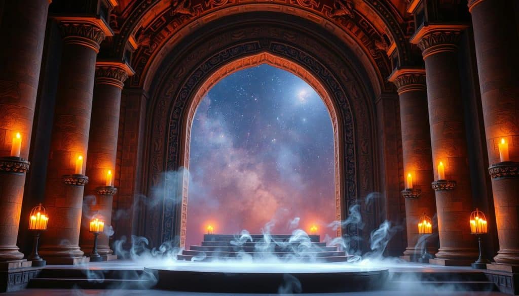 A grand fantasy stage design, with a towering archway framing the scene. Intricate patterns and mythical creatures carved into the ornate stone, bathed in warm, flickering candlelight. In the foreground, a raised platform, adorned with swirling mists and ethereal lighting effects, creating an atmosphere of enchantment. Towering columns flank the stage, their surfaces shimmering with an otherworldly glow. In the background, a vast, starry sky, hinting at the boundless realms of the imagination. The overall composition evokes a sense of wonder and the blurring of reality and fantasy, perfect for a production exploring the magical and mystical in modern theater.
