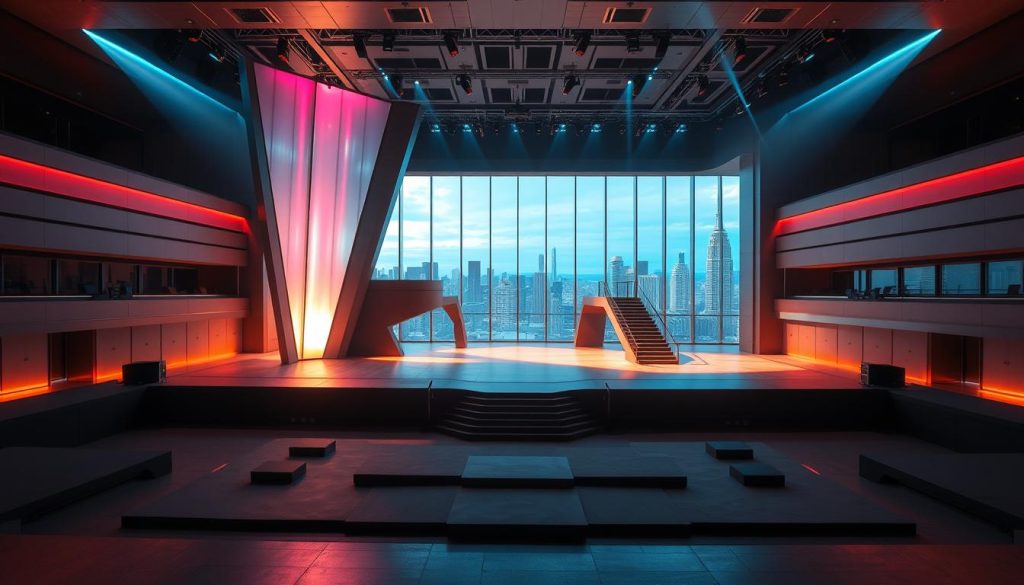 A grand, futuristic theater stage with a dynamic, innovative layout. The focal point is a towering, asymmetrical structure of sleek metal and glass, bathed in vibrant, shifting lights that create an ethereal, mesmerizing ambiance. In the foreground, a sparse yet impactful arrangement of minimalist geometric forms and surfaces invites the audience to explore the space. The middle ground features a striking, angular staircase leading to elevated platforms, suggesting dynamic performer movements. The background showcases a panoramic cityscape view through large, panoramic windows, adding a sense of scale and modernity. The overall atmosphere is one of avant-garde artistry, technological wonder, and immersive theatrical experience. A grand, futuristic theater stage with a dynamic, innovative layout. The focal point is a towering, asymmetrical structure of sleek metal and glass, bathed in vibrant, shifting lights that create an ethereal, mesmerizing ambiance. In the foreground, a sparse yet impactful arrangement of minimalist geometric forms and surfaces invites the audience to explore the space. The middle ground features a striking, angular staircase leading to elevated platforms, suggesting dynamic performer movements. The background showcases a panoramic cityscape view through large, panoramic windows, adding a sense of scale and modernity. The overall atmosphere is one of avant-garde artistry, technological wonder, and immersive theatrical experience.