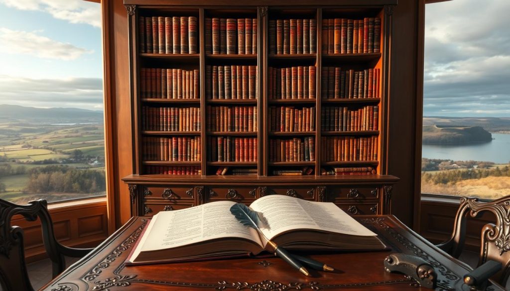 A grand wooden bookshelf stands in the center of the frame, its shelves adorned with leather-bound volumes, each one a masterpiece by the renowned Swedish playwright August Strindberg. The shelves are illuminated by warm, golden light, casting a cozy, scholarly atmosphere. In the foreground, a quill pen and an open notebook rest on an ornate wooden desk, hinting at the analytical work being done on these literary treasures. The background features a panoramic view of a serene Swedish landscape, with rolling hills and a distant lake, suggesting the cultural and environmental influences that shaped Strindberg's timeless works. A grand wooden bookshelf stands in the center of the frame, its shelves adorned with leather-bound volumes, each one a masterpiece by the renowned Swedish playwright August Strindberg. The shelves are illuminated by warm, golden light, casting a cozy, scholarly atmosphere. In the foreground, a quill pen and an open notebook rest on an ornate wooden desk, hinting at the analytical work being done on these literary treasures. The background features a panoramic view of a serene Swedish landscape, with rolling hills and a distant lake, suggesting the cultural and environmental influences that shaped Strindberg's timeless works.