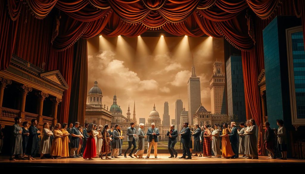 A grandiose theatrical stage, draped in ornate curtains and illuminated by warm, dramatic lighting. In the center, a diverse ensemble of actors from various cultural backgrounds enact the timeless tale of "Life Is a Dream," their expressive movements and nuanced performances conveying the universal themes of existential inquiry. The background is a collage of striking architectural elements, from Baroque palaces to modern skyscrapers, symbolizing the cross-cultural adaptations of this classic drama. The composition is balanced, with a sense of depth and visual harmony, inviting the viewer to immerse themselves in this international exploration of the human condition. A grandiose theatrical stage, draped in ornate curtains and illuminated by warm, dramatic lighting. In the center, a diverse ensemble of actors from various cultural backgrounds enact the timeless tale of "Life Is a Dream," their expressive movements and nuanced performances conveying the universal themes of existential inquiry. The background is a collage of striking architectural elements, from Baroque palaces to modern skyscrapers, symbolizing the cross-cultural adaptations of this classic drama. The composition is balanced, with a sense of depth and visual harmony, inviting the viewer to immerse themselves in this international exploration of the human condition.