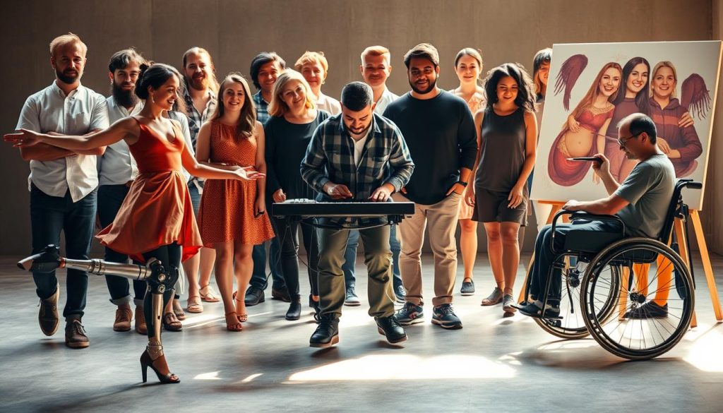 A group of diverse, empowered individuals standing tall, their faces radiating determination and creativity. In the foreground, a dancer with a prosthetic leg gracefully moves, their body flowing with energy. In the middle ground, a musician with a hearing aid plays an electronic instrument, their fingers dancing across the controls. In the background, a painter in a wheelchair brushes bold strokes onto a large canvas, their expression one of deep focus. The scene is illuminated by a warm, natural light, creating a sense of harmony and inclusivity. The overall atmosphere conveys the power and innovation of the disability arts community, inspiring a vision of a more accessible and equitable future. A group of diverse, empowered individuals standing tall, their faces radiating determination and creativity. In the foreground, a dancer with a prosthetic leg gracefully moves, their body flowing with energy. In the middle ground, a musician with a hearing aid plays an electronic instrument, their fingers dancing across the controls. In the background, a painter in a wheelchair brushes bold strokes onto a large canvas, their expression one of deep focus. The scene is illuminated by a warm, natural light, creating a sense of harmony and inclusivity. The overall atmosphere conveys the power and innovation of the disability arts community, inspiring a vision of a more accessible and equitable future.