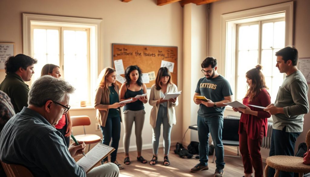 A group of diverse individuals, playwrights and actors, gathered in a cozy, well-lit workshop space. Soft natural light filters through large windows, casting a warm glow on the scene. In the foreground, a playwright sits intently, pen in hand, scribbling notes as they review their script. Nearby, actors stand in a semicircle, scripts in hand, engaged in a lively rehearsal, their expressions animated and thoughtful. In the background, a cork board displays inspirational quotes and sketches, hinting at the creative energy that permeates the room. The atmosphere is one of focused collaboration, as the group collectively explores the boundaries of their craft, shaping the emergence of new theatrical works. A group of diverse individuals, playwrights and actors, gathered in a cozy, well-lit workshop space. Soft natural light filters through large windows, casting a warm glow on the scene. In the foreground, a playwright sits intently, pen in hand, scribbling notes as they review their script. Nearby, actors stand in a semicircle, scripts in hand, engaged in a lively rehearsal, their expressions animated and thoughtful. In the background, a cork board displays inspirational quotes and sketches, hinting at the creative energy that permeates the room. The atmosphere is one of focused collaboration, as the group collectively explores the boundaries of their craft, shaping the emergence of new theatrical works.
