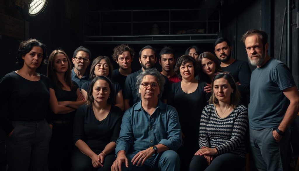A group of experimental theater artists, captured in a candid, cinéma vérité-style portrait. Diverse performers and technicians, each with their own unique skills and backgrounds, stand or sit together in a dimly lit, industrial-chic backstage setting. Dramatic lighting casts dramatic shadows, highlighting the intensity of their expressions as they contemplate their craft. The frame is composed to emphasize the collaborative nature of their work, with the artists occupying the foreground and middle ground, while the background hints at the larger production unfolding around them. The overall mood is pensive, reflective, and imbued with a sense of the creative process at work. A group of experimental theater artists, captured in a candid, cinéma vérité-style portrait. Diverse performers and technicians, each with their own unique skills and backgrounds, stand or sit together in a dimly lit, industrial-chic backstage setting. Dramatic lighting casts dramatic shadows, highlighting the intensity of their expressions as they contemplate their craft. The frame is composed to emphasize the collaborative nature of their work, with the artists occupying the foreground and middle ground, while the background hints at the larger production unfolding around them. The overall mood is pensive, reflective, and imbued with a sense of the creative process at work.