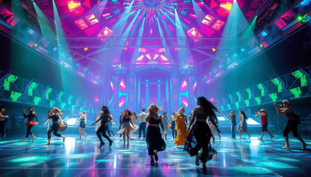A high-tech stage bathed in vibrant, kaleidoscopic lighting, performers pushing the boundaries of experimentation, their movements fluid and captivating. In the foreground, a diverse ensemble explores new modes of expression, seamlessly integrating technology and human artistry. The middle ground showcases futuristic props and set pieces, hinting at the innovative spirit of the Utopia performance. The background reveals a vast, awe-inspiring architectural backdrop, suggesting a visionary, utopian setting. The scene exudes a sense of boundless creativity, collaboration, and a relentless pursuit of pushing the limits of what's possible in the realm of performance and entertainment. A high-tech stage bathed in vibrant, kaleidoscopic lighting, performers pushing the boundaries of experimentation, their movements fluid and captivating. In the foreground, a diverse ensemble explores new modes of expression, seamlessly integrating technology and human artistry. The middle ground showcases futuristic props and set pieces, hinting at the innovative spirit of the Utopia performance. The background reveals a vast, awe-inspiring architectural backdrop, suggesting a visionary, utopian setting. The scene exudes a sense of boundless creativity, collaboration, and a relentless pursuit of pushing the limits of what's possible in the realm of performance and entertainment.