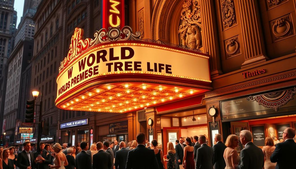 A lavish, old-fashioned theater marquee illuminates the bustling city street, casting a warm glow on the throngs of well-dressed theatergoers eagerly awaiting the world premiere. The ornate facade of the historic theater stands tall, its grand columns and intricate architectural details evoking the golden age of live entertainment. Bright spotlights shine on the red carpet, where famous actors pose for photographers, their dazzling smiles and designer gowns creating an air of anticipation and excitement. In the lobby, ushers in crisp uniforms welcome the crowd, while the sound of classical music and the murmur of conversation fill the air, setting the stage for an unforgettable theatrical experience. A lavish, old-fashioned theater marquee illuminates the bustling city street, casting a warm glow on the throngs of well-dressed theatergoers eagerly awaiting the world premiere. The ornate facade of the historic theater stands tall, its grand columns and intricate architectural details evoking the golden age of live entertainment. Bright spotlights shine on the red carpet, where famous actors pose for photographers, their dazzling smiles and designer gowns creating an air of anticipation and excitement. In the lobby, ushers in crisp uniforms welcome the crowd, while the sound of classical music and the murmur of conversation fill the air, setting the stage for an unforgettable theatrical experience.