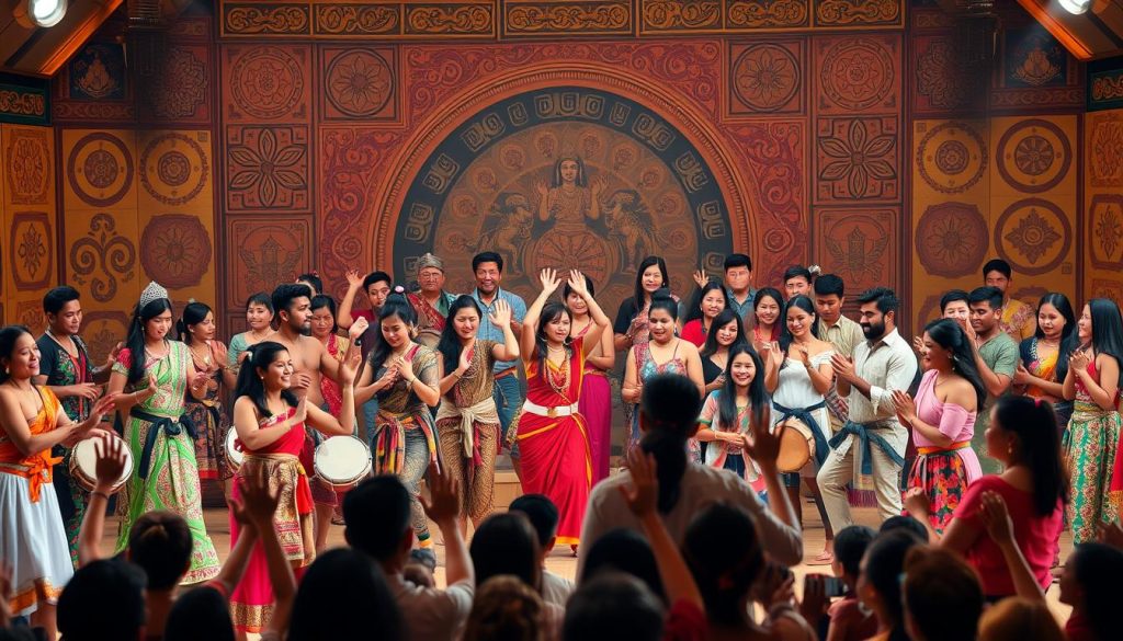 A lively cultural fusion stage with a diverse ensemble of performers engaged in vibrant, interactive dance and musical rituals. The foreground features a captivating mix of traditional and contemporary costumes, as participants from various backgrounds move in sync to the rhythmic beats of percussion instruments. In the middle ground, the audience is actively involved, swaying and clapping along, their faces alight with joy and wonder. The background showcases a richly detailed, otherworldly setting, with intricate patterns and symbolic motifs that evoke a sense of timeless, cross-cultural celebration. Warm, natural lighting casts a golden glow, creating an atmosphere of deep cultural immersion and shared experience. A lively cultural fusion stage with a diverse ensemble of performers engaged in vibrant, interactive dance and musical rituals. The foreground features a captivating mix of traditional and contemporary costumes, as participants from various backgrounds move in sync to the rhythmic beats of percussion instruments. In the middle ground, the audience is actively involved, swaying and clapping along, their faces alight with joy and wonder. The background showcases a richly detailed, otherworldly setting, with intricate patterns and symbolic motifs that evoke a sense of timeless, cross-cultural celebration. Warm, natural lighting casts a golden glow, creating an atmosphere of deep cultural immersion and shared experience.