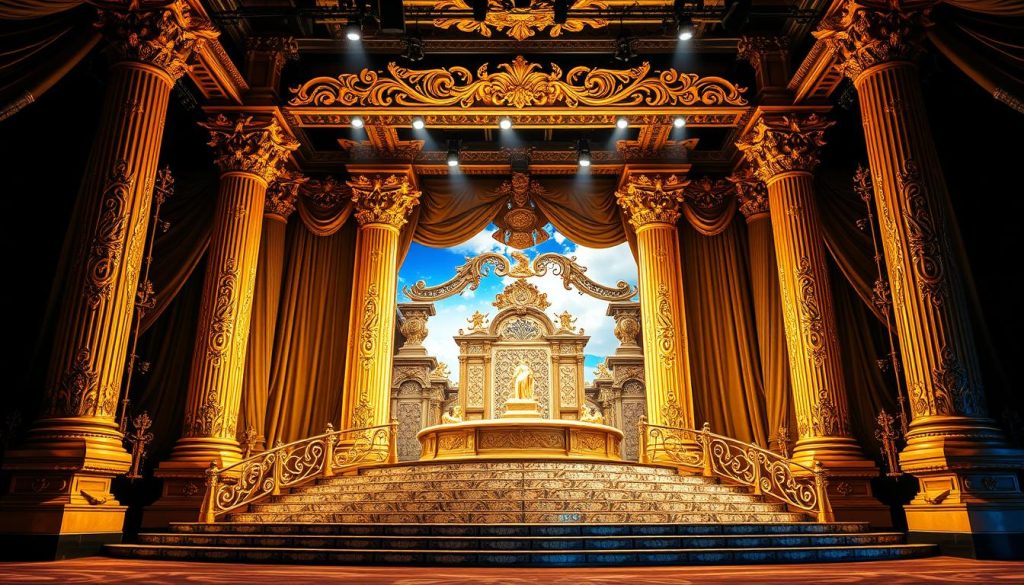 A majestic, ornate stage set of towering gilded columns, intricate filigree, and lush, cascading draperies. Dramatic, warm lighting casts a sumptuous glow, accentuating the opulent, theatrical design. In the foreground, an elegantly curved, mirrored staircase leads up to a grandiose central platform, adorned with elaborate patterns and sculptures. The background features a sweeping, painted sky backdrop, hinting at an opulent, fantastical world beyond. The overall aesthetic evokes a sense of extravagance, spectacle, and artistic brilliance, perfectly capturing the theme of "Staging and Design Innovations". A majestic, ornate stage set of towering gilded columns, intricate filigree, and lush, cascading draperies. Dramatic, warm lighting casts a sumptuous glow, accentuating the opulent, theatrical design. In the foreground, an elegantly curved, mirrored staircase leads up to a grandiose central platform, adorned with elaborate patterns and sculptures. The background features a sweeping, painted sky backdrop, hinting at an opulent, fantastical world beyond. The overall aesthetic evokes a sense of extravagance, spectacle, and artistic brilliance, perfectly capturing the theme of "Staging and Design Innovations".