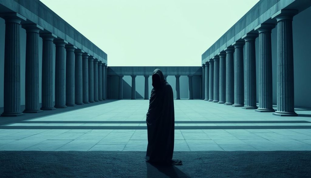 A modern, minimalist interpretation of the ancient Greek tragedy "Antigone". In the foreground, a lone figure stands resolute, draped in a sleek, monochrome robe, their face obscured by dramatic shadows. The middle ground features a stark, angular architectural backdrop, a bold reinterpretation of classical columns and arches. The background is bathed in a cool, muted color palette, creating a sense of timelessness. Dramatic lighting casts dramatic shadows, emphasizing the contemplative, pensive mood. The composition is balanced and clean, reflecting the contemporary reframing of this classic tale. A modern, minimalist interpretation of the ancient Greek tragedy "Antigone". In the foreground, a lone figure stands resolute, draped in a sleek, monochrome robe, their face obscured by dramatic shadows. The middle ground features a stark, angular architectural backdrop, a bold reinterpretation of classical columns and arches. The background is bathed in a cool, muted color palette, creating a sense of timelessness. Dramatic lighting casts dramatic shadows, emphasizing the contemplative, pensive mood. The composition is balanced and clean, reflecting the contemporary reframing of this classic tale.
