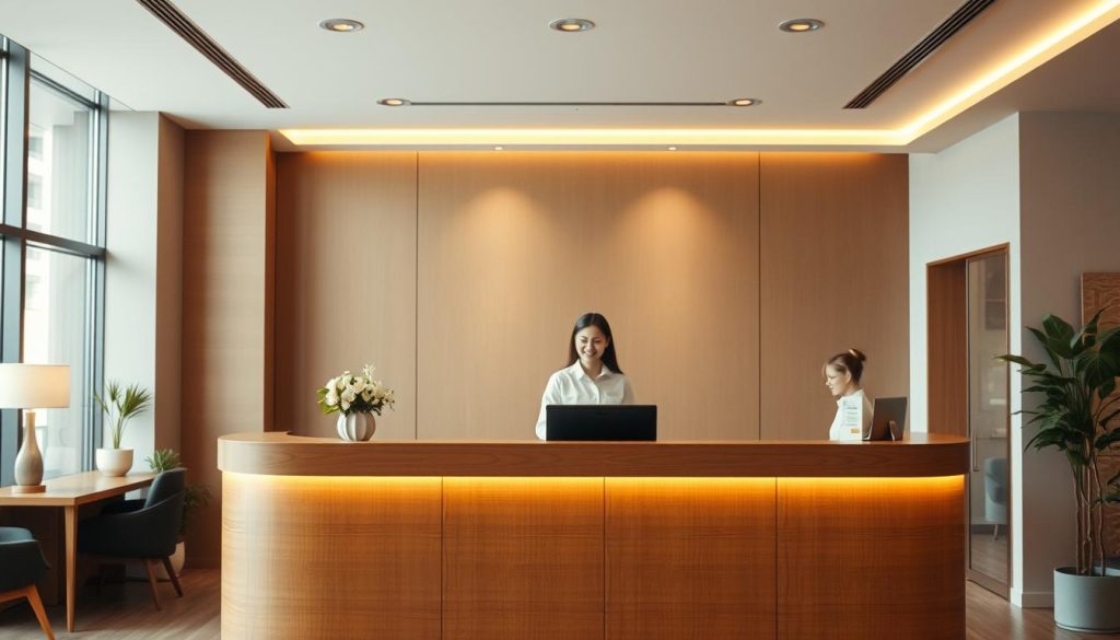 A modern office interior with a customer service counter in the foreground. Warm, soft lighting illuminates the space, creating a welcoming atmosphere. The counter is made of sleek, polished wood, with a minimalist design. A friendly-looking customer service representative stands behind the counter, ready to assist visitors. The background features muted, earthy tones, creating a calming and professional ambiance. The overall scene conveys efficient, courteous customer service, with an emphasis on attention to detail and a customer-centric approach. A modern office interior with a customer service counter in the foreground. Warm, soft lighting illuminates the space, creating a welcoming atmosphere. The counter is made of sleek, polished wood, with a minimalist design. A friendly-looking customer service representative stands behind the counter, ready to assist visitors. The background features muted, earthy tones, creating a calming and professional ambiance. The overall scene conveys efficient, courteous customer service, with an emphasis on attention to detail and a customer-centric approach.
