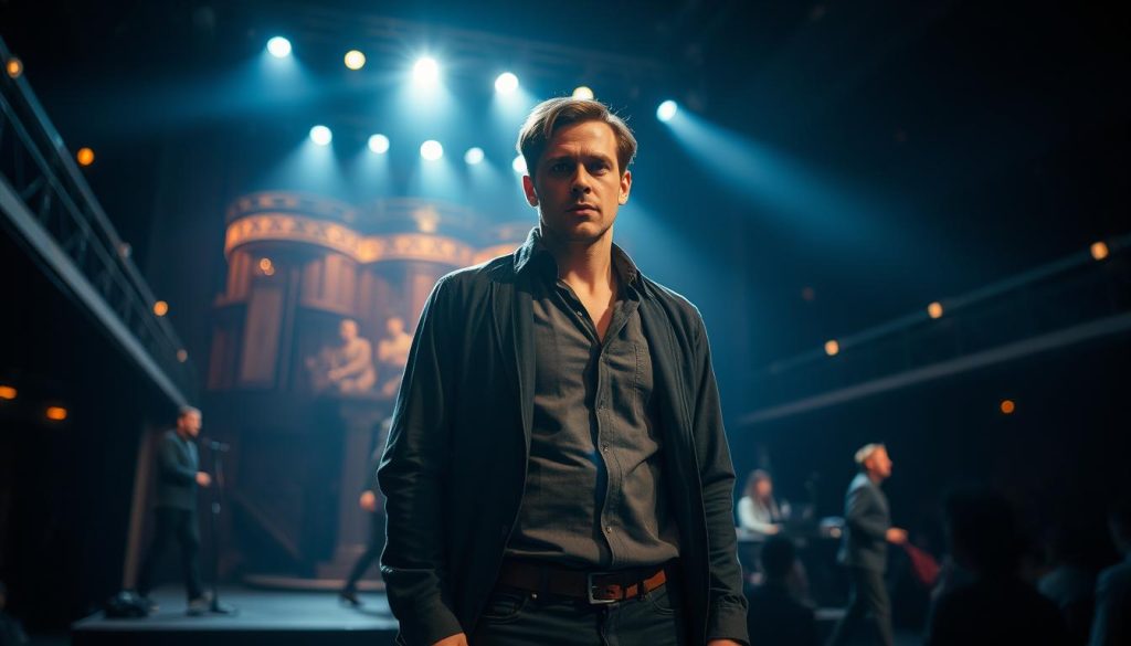 A talented actor on stage, Nick Trengrove commands the spotlight with captivating intensity. In the foreground, he stands tall, his body language conveying a sense of poise and confidence. His facial expression is one of deep focus, reflecting the emotional gravitas of his performance. The middle ground showcases the intricate set design, hinting at the immersive world he inhabits. Dramatic lighting casts dramatic shadows, creating an atmosphere of tension and drama. In the background, the audience is hinted at, their silhouettes suggesting the energy and anticipation of the live theater experience. The overall scene is a striking blend of realism and artistry, capturing the essence of Nick Trengrove's remarkable stage presence. A talented actor on stage, Nick Trengrove commands the spotlight with captivating intensity. In the foreground, he stands tall, his body language conveying a sense of poise and confidence. His facial expression is one of deep focus, reflecting the emotional gravitas of his performance. The middle ground showcases the intricate set design, hinting at the immersive world he inhabits. Dramatic lighting casts dramatic shadows, creating an atmosphere of tension and drama. In the background, the audience is hinted at, their silhouettes suggesting the energy and anticipation of the live theater experience. The overall scene is a striking blend of realism and artistry, capturing the essence of Nick Trengrove's remarkable stage presence.
