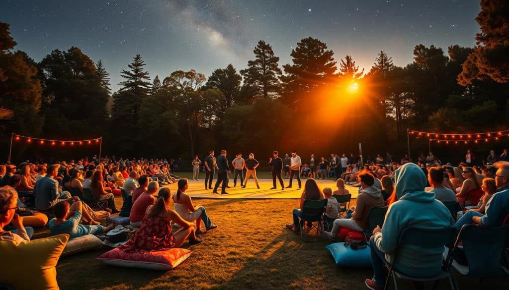 A vast outdoor stage bathed in warm, golden light, surrounded by an eclectic audience seated on colorful cushions and folding chairs. In the middle ground, a troupe of performers engage in a captivating, experimental theater piece, using avant-garde movement, masks, and unconventional props. The background features a backdrop of towering trees and a starry night sky, creating a sense of whimsical, dreamlike ambiance. The entire scene exudes an air of creativity, exploration, and the revitalization of the theatrical arts.