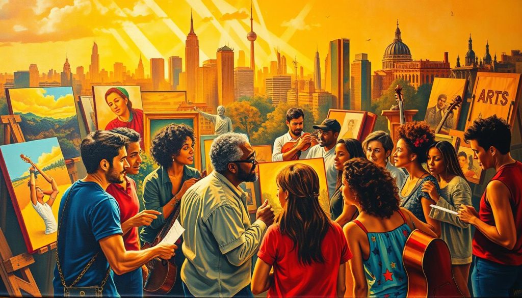 A vibrant canvas depicting the resilience of the arts community during challenging times. In the foreground, a diverse group of artists collaboratively brainstorming innovative fundraising strategies, their expressions determined yet hopeful. The middle ground showcases various artistic mediums - paintings, sculptures, musical instruments - symbolizing the breadth of the arts. In the background, a backdrop of city skylines and community landmarks, suggesting the widespread impact of the arts on local economies and neighborhoods. Warm, golden lighting casts a glow, conveying a sense of unity and determination. The composition is dynamic, with intersecting diagonals and overlapping elements, mirroring the collaborative and multifaceted nature of the arts resilience strategies. A vibrant canvas depicting the resilience of the arts community during challenging times. In the foreground, a diverse group of artists collaboratively brainstorming innovative fundraising strategies, their expressions determined yet hopeful. The middle ground showcases various artistic mediums - paintings, sculptures, musical instruments - symbolizing the breadth of the arts. In the background, a backdrop of city skylines and community landmarks, suggesting the widespread impact of the arts on local economies and neighborhoods. Warm, golden lighting casts a glow, conveying a sense of unity and determination. The composition is dynamic, with intersecting diagonals and overlapping elements, mirroring the collaborative and multifaceted nature of the arts resilience strategies.