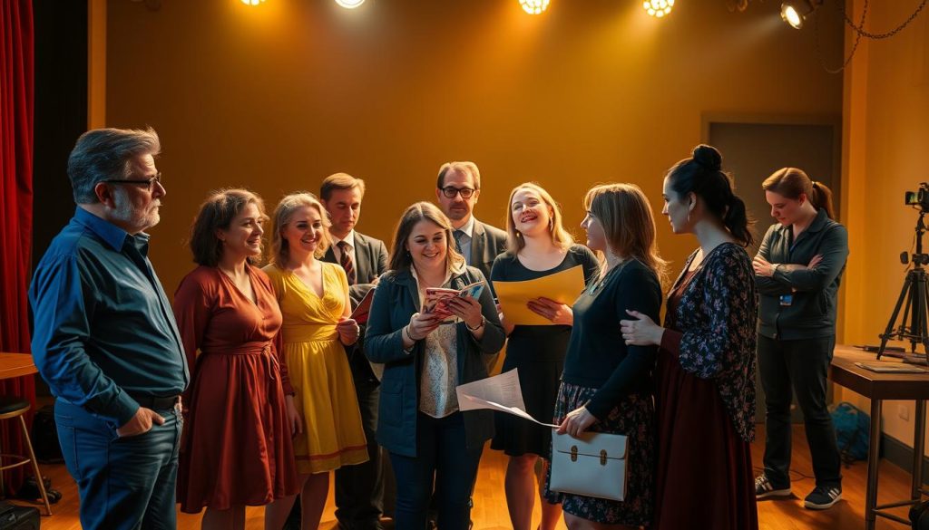 A vibrant group portrait of a theatrical creative team, bathed in warm, stage-like lighting. In the foreground, a director, costume designer, and set designer stand together, engaged in lively discussion, their faces alight with creative energy. In the middle ground, a playwright and choreographer collaborate over scripts and sketches, while in the background, a stage manager and production manager oversee technical preparations. The scene evokes the collaborative spirit and artistic passion of the team behind an upcoming season of live performances. A vibrant group portrait of a theatrical creative team, bathed in warm, stage-like lighting. In the foreground, a director, costume designer, and set designer stand together, engaged in lively discussion, their faces alight with creative energy. In the middle ground, a playwright and choreographer collaborate over scripts and sketches, while in the background, a stage manager and production manager oversee technical preparations. The scene evokes the collaborative spirit and artistic passion of the team behind an upcoming season of live performances.