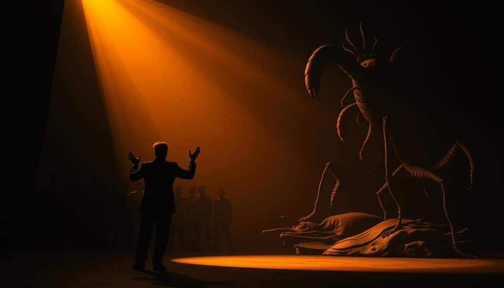 An avant-garde theater stage, dimly lit with a warm, amber glow. In the foreground, a lone figure stands, hands raised, directing an unseen cast with intense, expressive gestures. The middle ground is shrouded in shadow, hinting at the ensemble of actors, their movements abstracted and choreographed. In the background, a surreal, dreamlike landscape unfolds, with twisted, insect-like forms emerging from the darkness, symbolizing the allegory at the heart of the play. The composition is tilted, creating a sense of disorientation and unease, echoing the themes of the work. The image is rendered in a style that evokes the modernist, expressionistic aesthetic of early 20th century theater.