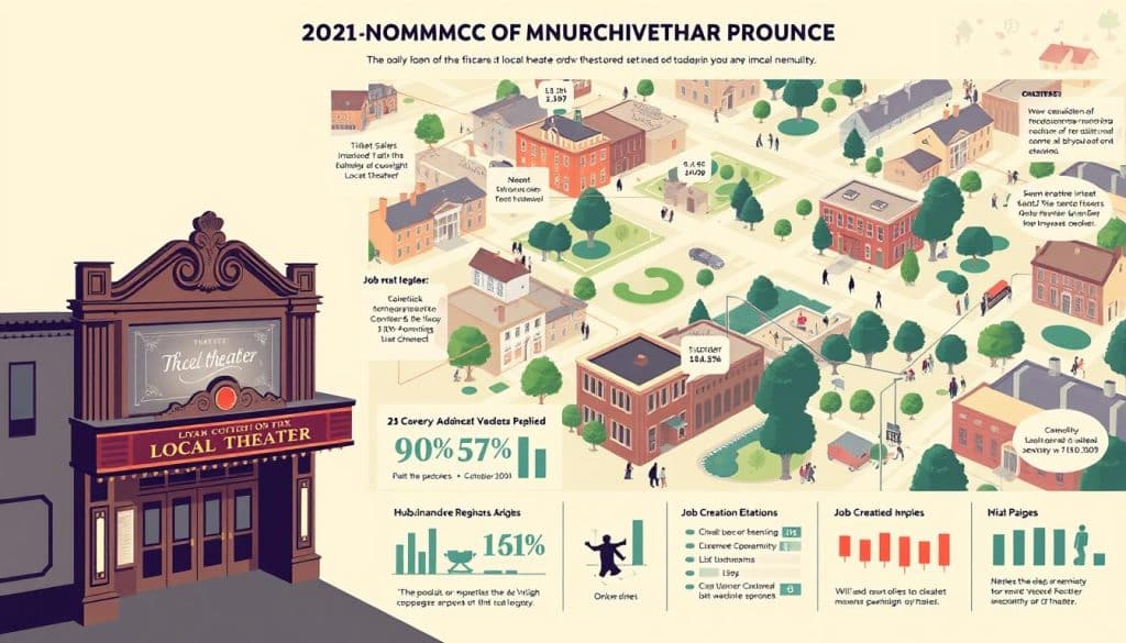 An infographic displaying the economic impact of a local theater on its community. In the foreground, a detailed illustration of the theater's facade, with its marquee and ticket booth. In the middle ground, charts and graphs showcasing metrics such as ticket sales, audience demographics, and job creation. The background features an aerial view of the surrounding neighborhood, with buildings, parks, and people going about their daily lives, all connected by a web of arrows and data visualizations. Soft, muted lighting creates a sense of professionalism and authority, while a slightly low camera angle emphasizes the theater's importance within the community. The overall mood is one of thoughtful analysis and civic pride.