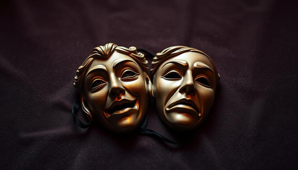 An intricate pair of classic theater masks, one depicting the comedy muse and the other the tragedy muse, rest on a richly textured, velvet-like background. The masks are rendered with a sense of depth and dimensionality, their expressions conveying the duality of human emotion. Soft, dramatic lighting casts gentle shadows, lending an air of mystique and reverence to the scene. The overall composition evokes the timeless allure of the theatrical arts, a bridge between tradition and innovation.