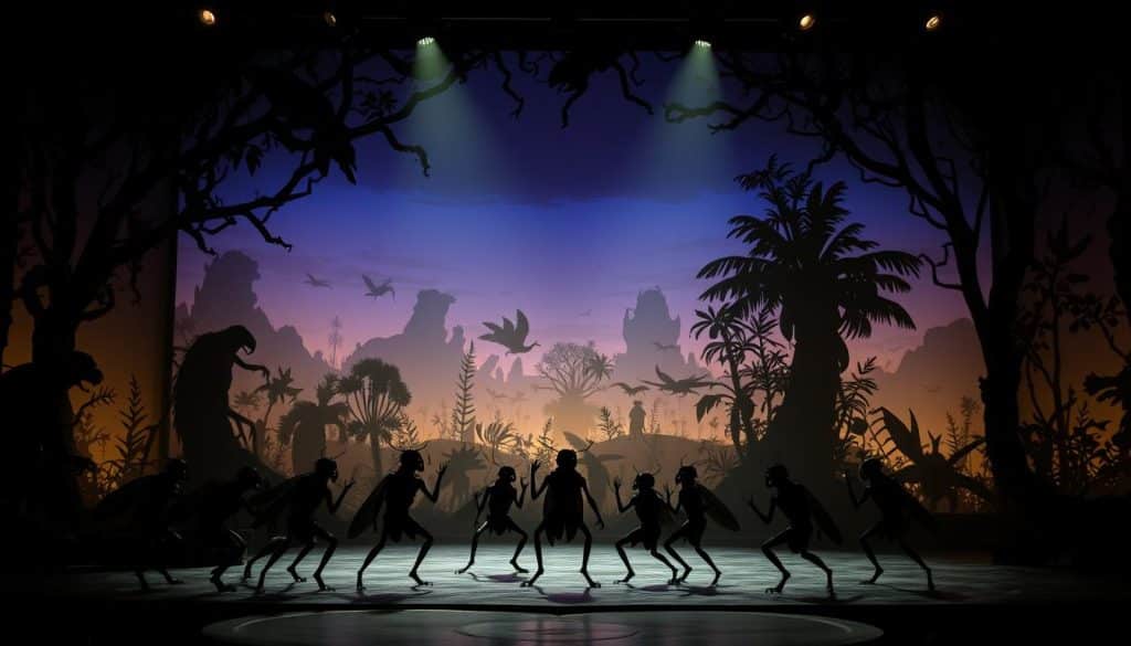 An intricate stage set depicting a surreal, twilight world of insect-like creatures, their silhouettes cast against an immersive, dreamlike landscape. In the foreground, a troupe of anthropomorphized bugs perform a strange, ritualistic dance, their movements captured in dramatic chiaroscuro lighting. The middle ground features a sprawling, lush environment of exotic flora and fauna, hinting at the hidden complexities and social hierarchies of this insect kingdom. The background recedes into a hazy, ethereal sky, creating a sense of timelessness and the liminal space between reality and allegory. Overall, the image conveys a sense of the rarely performed but deeply relevant social commentary embedded within "The Insect Play".