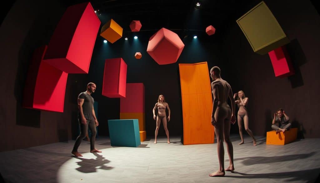 Avant-garde staging techniques: a surreal, disorienting theater set, with abstract geometric shapes and forms in clashing colors floating in a void-like space. Harsh, dramatic lighting casts deep shadows, creating an unsettling atmosphere. Misshapen, distorted human figures appear to defy gravity, their poses and movements unsettlingly unnatural. The entire scene has an unsettling, dreamlike quality, as if peering into a subconscious realm. A wide, fisheye-like lens distorts the perspective, heightening the uncanny, disjointed feel. Overall, a visually striking, unconventional stage design intended to provoke and challenge the audience's perceptions.