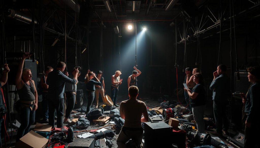 Backstage, a dimly lit chaos of performers and technicians, preparing for the unexpected. Intricate rigging systems, safety harnesses, and an array of props and scenery elements litter the space. Actors stretch and rehearse, their expressions a mix of nervous anticipation and steely resolve. Technicians fine-tune lighting and sound, their movements precise and purposeful. The air is charged with a palpable sense of tension and excitement, as the troupe readies themselves for the high-stakes performance ahead. A single spotlight cuts through the shadows, illuminating the intensity of their preparations, capturing the essence of theatrical risk-taking in a moment frozen in time. Backstage, a dimly lit chaos of performers and technicians, preparing for the unexpected. Intricate rigging systems, safety harnesses, and an array of props and scenery elements litter the space. Actors stretch and rehearse, their expressions a mix of nervous anticipation and steely resolve. Technicians fine-tune lighting and sound, their movements precise and purposeful. The air is charged with a palpable sense of tension and excitement, as the troupe readies themselves for the high-stakes performance ahead. A single spotlight cuts through the shadows, illuminating the intensity of their preparations, capturing the essence of theatrical risk-taking in a moment frozen in time.