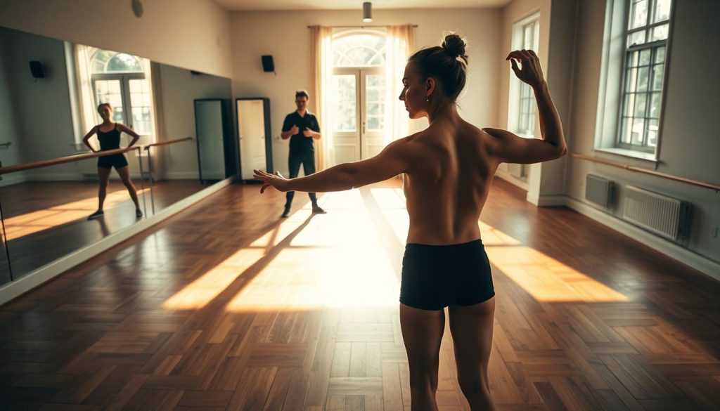 Demanding roles training techniques: A dancer's rigorous regimen unfolds in a sun-dappled studio, floorboards worn smooth from countless leaps and turns. In the foreground, an athlete-performer stretches, muscles taut with focus, preparing to push physical and emotional limits. Mirrored walls reflect the intensity, while natural light filters in, casting a warm, contemplative glow. In the background, a coach offers guidance, observing the dancer's every movement, ready to refine and push beyond perceived boundaries. The atmosphere vibrates with discipline, dedication, and the relentless pursuit of artistic excellence. Demanding roles training techniques: A dancer's rigorous regimen unfolds in a sun-dappled studio, floorboards worn smooth from countless leaps and turns. In the foreground, an athlete-performer stretches, muscles taut with focus, preparing to push physical and emotional limits. Mirrored walls reflect the intensity, while natural light filters in, casting a warm, contemplative glow. In the background, a coach offers guidance, observing the dancer's every movement, ready to refine and push beyond perceived boundaries. The atmosphere vibrates with discipline, dedication, and the relentless pursuit of artistic excellence.