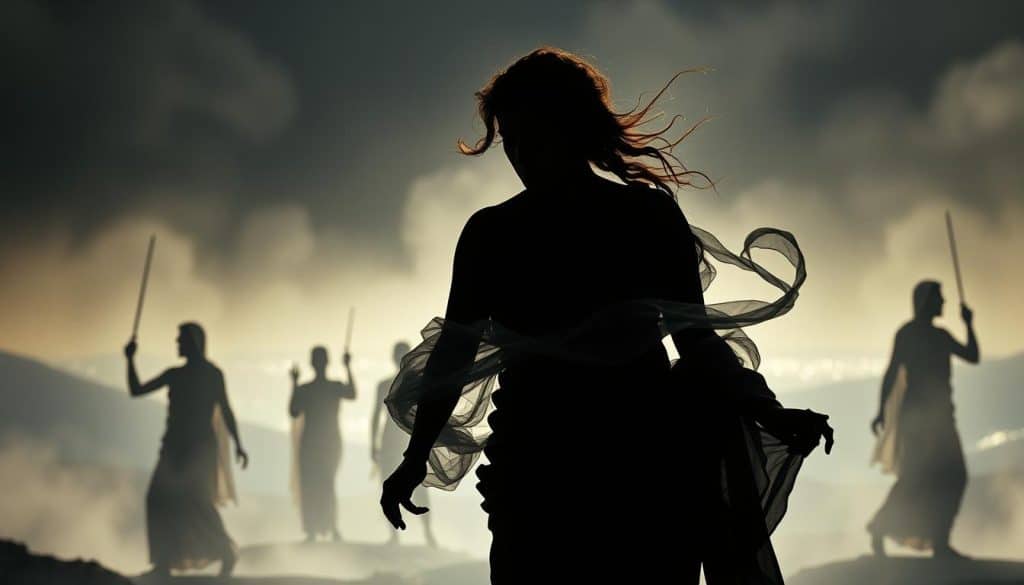 Dramatic silhouettes of ancient Greek figures set against a moody, ethereal backdrop. In the foreground, the tormented form of Andromache emerges, her anguished expression conveying the weight of her tragic story. Swirling tendrils of mist or fabric envelop her, hinting at the complex emotions and turbulent themes of the classic tale. The middle ground features ghostly, semi-transparent figures - perhaps other characters from the tragedy - their poses and gestures suggesting new interpretations and modern relevance. In the distance, a shimmering, otherworldly landscape evokes the timeless, mythic quality of the source material. Dramatic chiaroscuro lighting casts deep shadows, heightening the sense of drama and psychological depth.