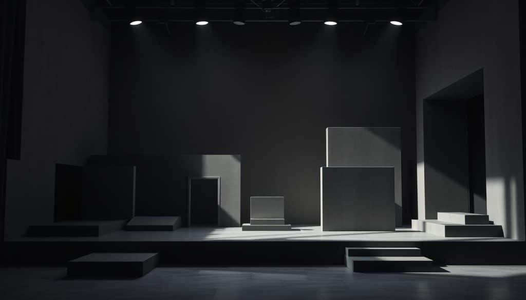 Modernist theater stage featuring angular, geometric set pieces arranged in a minimalist, abstract composition. Dramatic lighting casts dramatic shadows, creating a sense of depth and tension. The stage is sparsely decorated, with a focus on architectural forms and clean lines that challenge traditional theatrical aesthetics. Muted color palette of grays, blacks, and muted blues evoke a cerebral, intellectual mood. The overall scene conveys a sense of experimentation and innovation, reflecting the modernist movement's desire to break from convention and push the boundaries of theatrical expression.