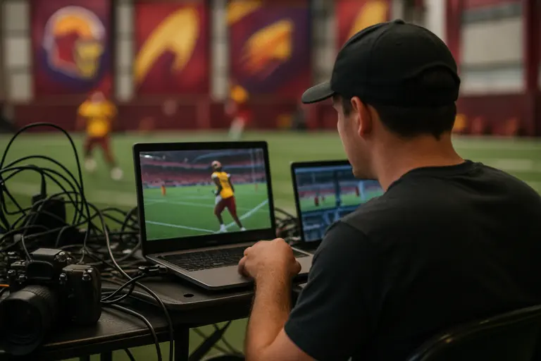 A fan following football practice updates on a phone near the field