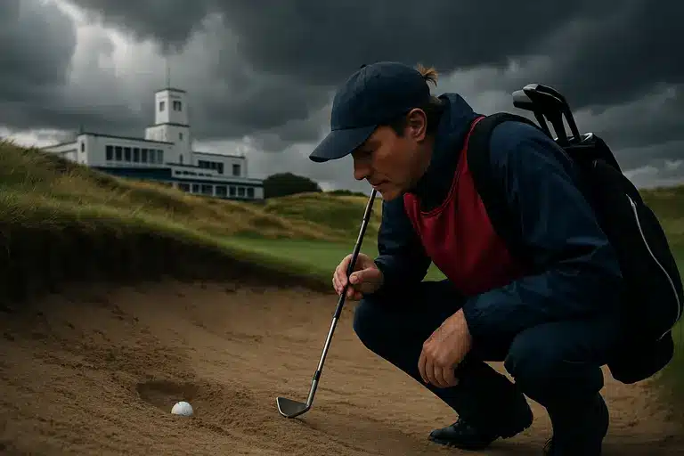 Coastal golf course with dunes bordering a rolling fairway