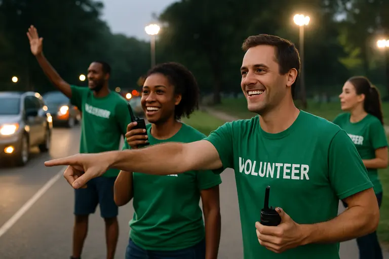 Event staff guiding visitors along a dim path toward an open viewing field