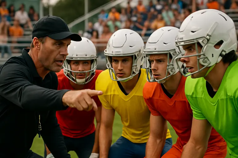Football players running position drills during an open summer practice