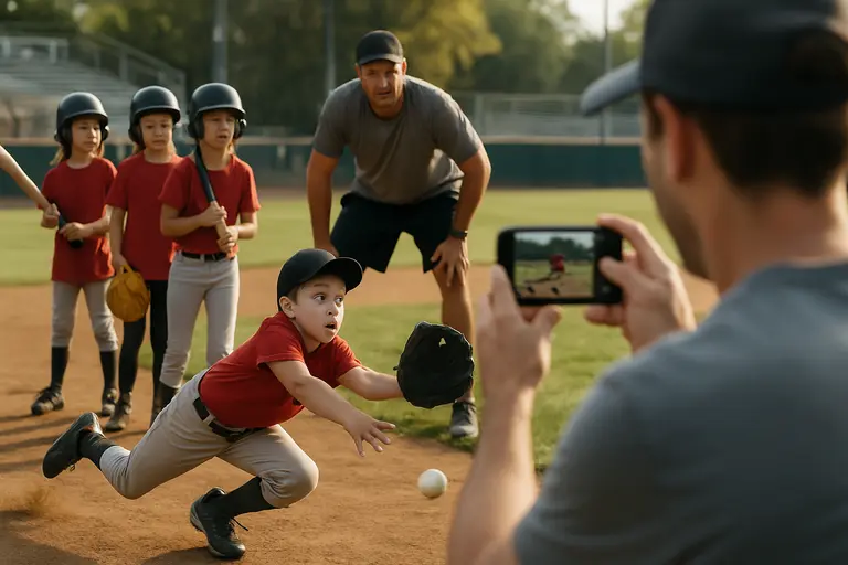 Youth baseball players watching action from behind a dugout fence